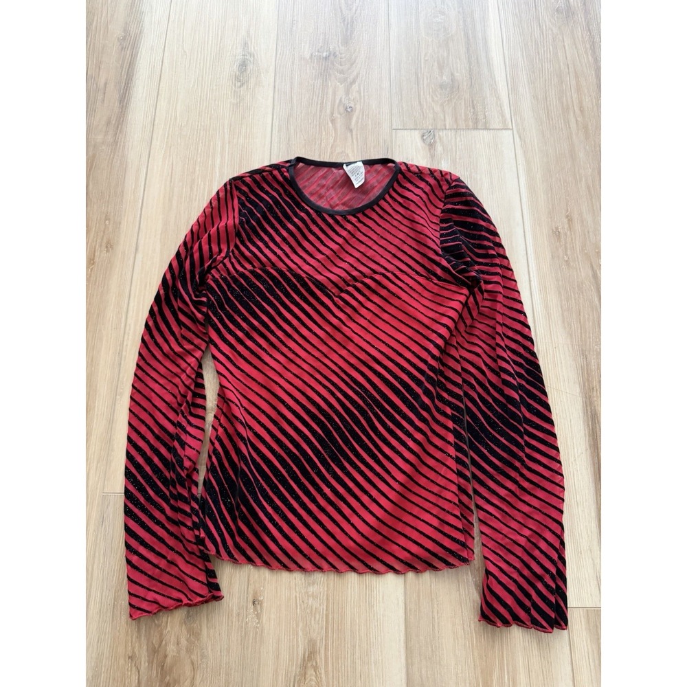 VTG Y2K Ponny Tail Red Black Striped Glitter Blouse Top Women's Medium USA Made
